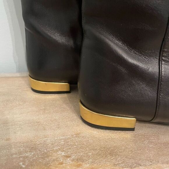 Kate Spade Knee High Boots Black Leather Made Italy Size 7 Gold Heel Equestrian - Picture 3 of 12
